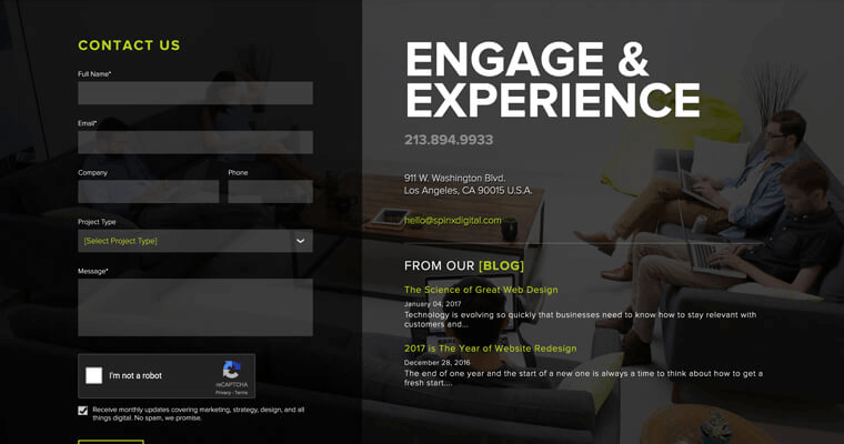 Contact page of #3 Top Website Development Agency: SPINX Digital