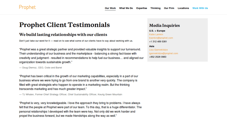 Testimonials page of #3 Best Brand PR Firm: Prophet