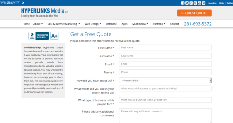 Quote page of #12 Leading Houston Web Design Business: Hyperlinks Media