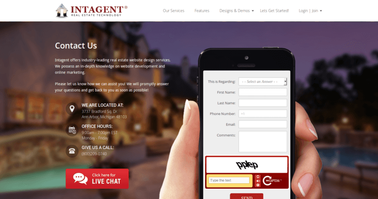 Contact page of #9 Best Real Estate Web Design Business: Intagent