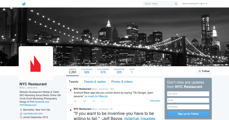 Twitter page of #7 Best Restaurant Web Design Agency: NYC Restaurant