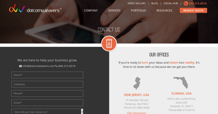Contact page of #4 Top SEO Website Design Firm: Dotcomweavers